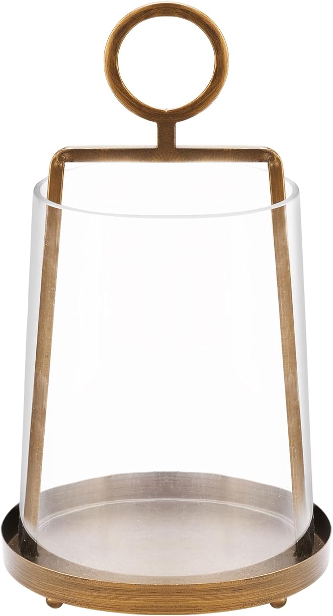 9" Wide Modern Farmhouse Metal Hurricane Candle Holder with Handmade Sturdy Glass Sleeve in Antique Brass for Pillar Candle & Plants, Hurricane Lantern, Industrial, Minimalistic (1, Brass, 9"x14")-CasaMuseHome