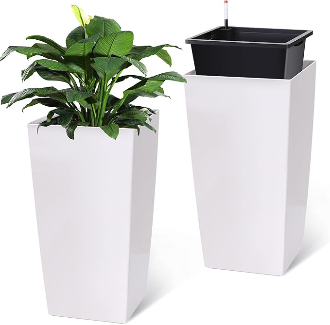 30" Tall Planters Set of 2, Outdoor＆Indoor Black Planter Pots, High Front Porch Planter Pots with Drainage Holes＆Water Level Monitor Movable Wheels ＆Inner Bucket, Automatic Watering, White-CasaMuseHome