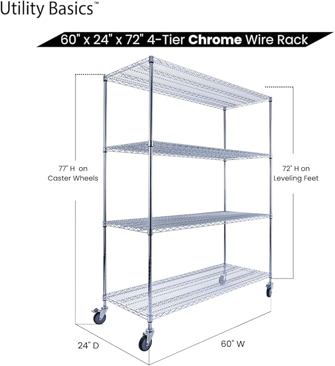 60"x24"x72" PREMIUM METAL STEEL 4-Tier Wire Shelving NSF 3200 LBS MAX Capacity Heavy Duty Storage Rack for Hospitals, Schools, Commercial Spaces, and Garages w/PREMIUM Wheels-CasaMuseHome