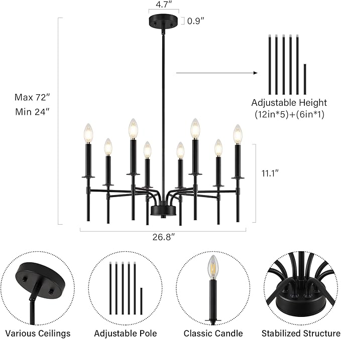8 Light Black Chandelier Light Fixture, Modern Farmhouse Chandeliers for Dining Room Light Fixture, Metal Candle Pendant Chandelier for Foyer Entryway Stairs Living Room Bedroom Kitchen-CasaMuseHome