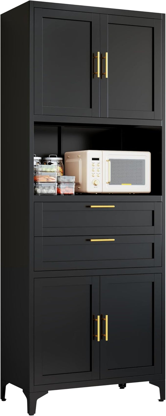 75” Tall Kitchen Pantry Storage Cabinet, Metal Storage Cabinet with 2 Drawers and Adjustable Shelves, Kitchen Pantry Cupboard, Freestanding Cupboard for Bathroom, Living Room(Black)-CasaMuseHome