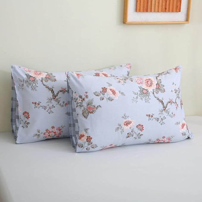 ABREEZE Floral Duvet Cover Queen Size Set Bird Flowers Bedding Set 100% Brushed Cotton Bedding Collection 1 Duvet Cover with 2 Pillowcases Grey-CasaMuseHome