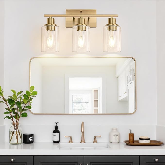 3 Light Bathroom Light Fixtures, Brass Vanity Lights for Bathroom with Clear Glass Shades, Modern Bathroom Wall Sconces for Mirror Living Room Cabinet-CasaMuseHome