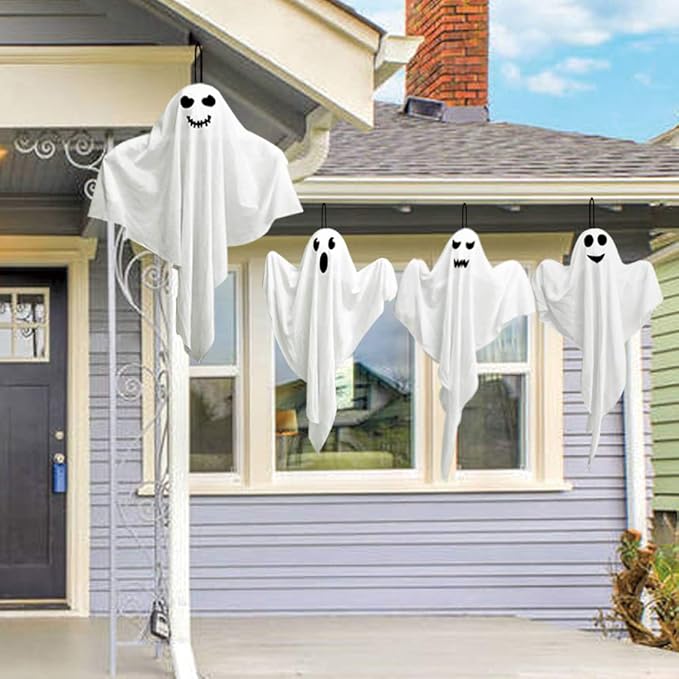 4 Pack Halloween Hanging Ghosts, 27.5" Cute Flying Ghost Decorations for Front Yard Patio Lawn Garden Party Décor and Holiday Decorations-CasaMuseHome