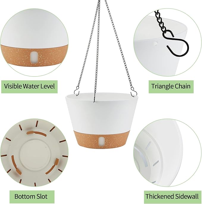 2 Pack 10 Inch Hanging Planters for Indoor Outdoor Plants, Hanging Plant Flower Pot Basket with Drainage Hole with Removable Tray&Hooks Self Watering Plant Pot for Hanging Plants, White-CasaMuseHome