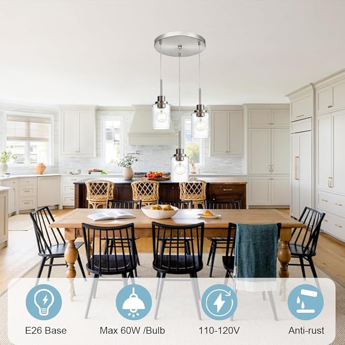 3-Light Contemporary Pendant Lighting with Clear Seeded Glass,Brushed Nickel Dining Room Chandelier Light Fixture Modern Kitchen Island Cluster Hanging Ceiling Pendant Lights for Sink Bar-CasaMuseHome