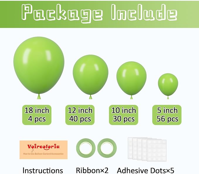 130pcs Lime Green Balloons Different Sizes 18" 12" 10" 5" Light Green Balloons for Birthday Dinosaur Baby Shower St. Patrick's Day Summer Jungle Forest Safari Party Decorations-CasaMuseHome