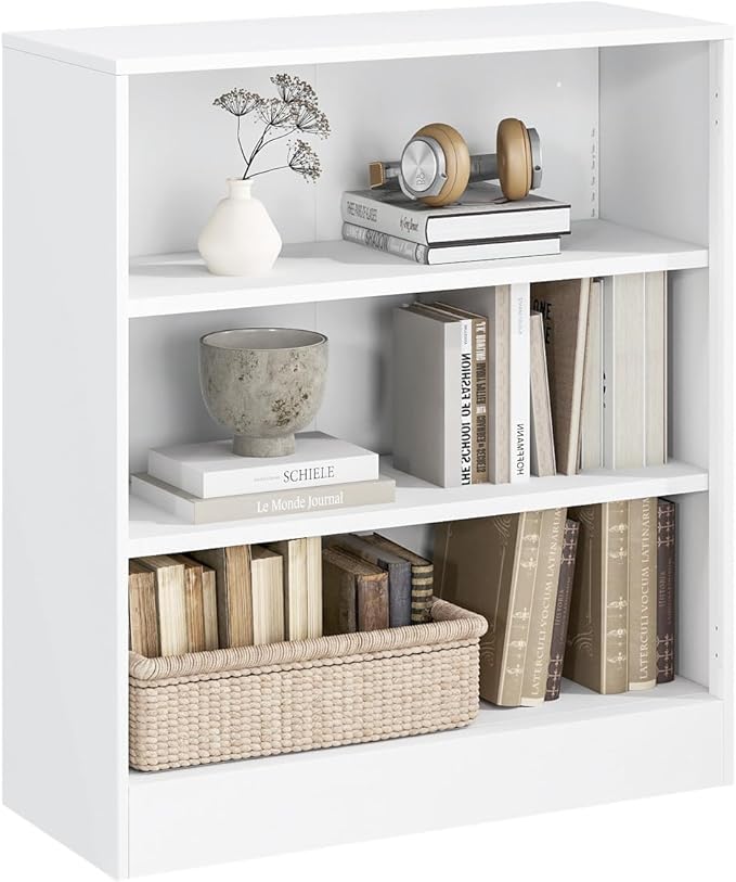 3-Tier Bookshelf with Adjustable Shelves, White Metal Space Saving Storage Shelf Bookcase, Small Open Storage Shelf for Living Room, Home Office, Dinning Room, Pantry (White-36H)-CasaMuseHome