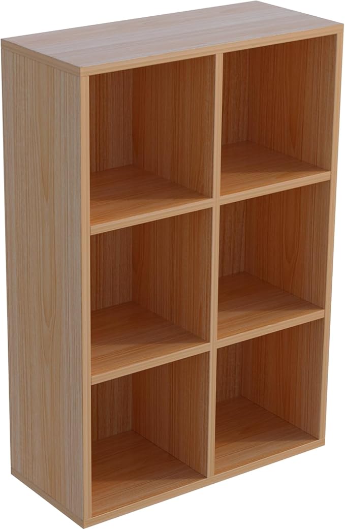 6-Cube Storage Shelf Bookcase - Wooden 3-Tier Floor Standing Open Bookshelf for Home and Office, Display Cabinet, Oak-CasaMuseHome