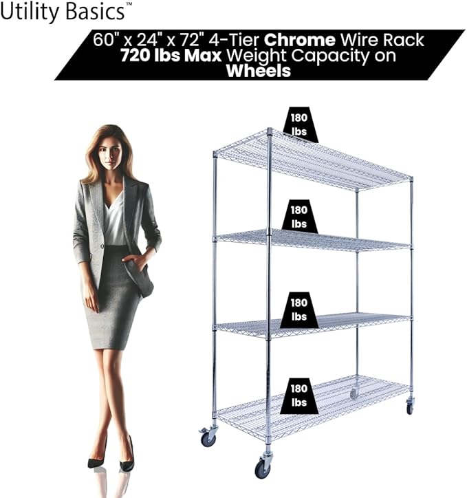 60"x24"x72" PREMIUM METAL STEEL 4-Tier Wire Shelving NSF 3200 LBS MAX Capacity Heavy Duty Storage Rack for Hospitals, Schools, Commercial Spaces, and Garages w/PREMIUM Wheels-CasaMuseHome