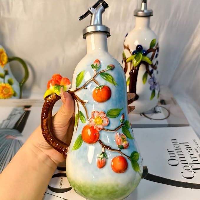 18 Oz Hand Painted Relief Ceramic Olive Oil Bottle Dispenser for Kitchen, Oil and Vinegar Bottle, Seasoning Bottle with Stainless Steel Nozzle, 540mL Oil Container with Handle for Cooking, Light Proof-CasaMuseHome