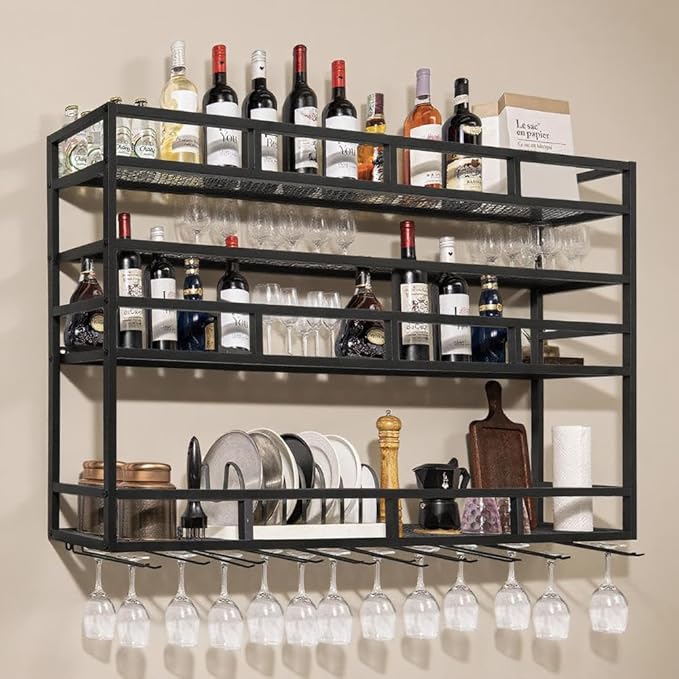 59" Large Wine Rack Wall Mounted with Bottle Glass Holder, 3-Tiers Metal Liquor Floating Shelves with LED Light, Wall Bar Shelf for Home, Restaurant, Commercial Bar, Kitchen Storage Display-CasaMuseHome