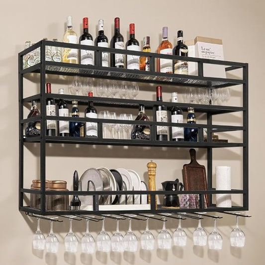 59" Large Wine Rack Wall Mounted with Bottle Glass Holder, 3-Tiers Metal Liquor Floating Shelves with LED Light, Wall Bar Shelf for Home, Restaurant, Commercial Bar, Kitchen Storage Display-CasaMuseHome