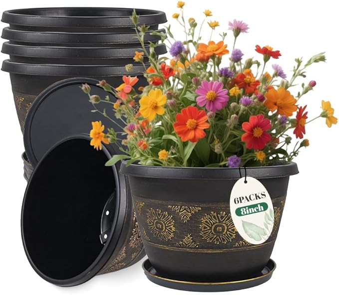 6 Pack 8 inch Plant Pots, Retro Pattern Planters with Drainage Holes and Saucer, Sturdy Plastic Garden Flower Pots for Indoor & Outdoor Plants-CasaMuseHome