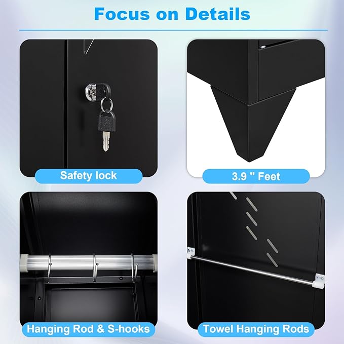 75" Metal Storage Cabinet, Tool Cabinets with Hooks, Garage Storage Cabinet with Lock, Heavy-Duty Tool Cabinet for Utility Room, Gym, Basement, Broom Closet Cabinet, Black-CasaMuseHome