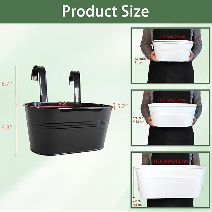 6 Pack Metal Hanging Planter for Outdoor Plants, 10 Inch Black Fence Planters Railing Pots for Garden Patio Balcony Decor, Flower Bucket with Detachable Hooks (Black, 6Pcs)-CasaMuseHome