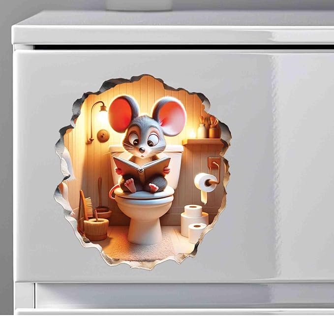 3D Mouse Sitting on Toilet - Mousehole Wall Sticker Decal - Removable Bathroom Decor - Kids Room - Peel & Stick - Whimsical Home Decor - MICESTERPIECE-CasaMuseHome