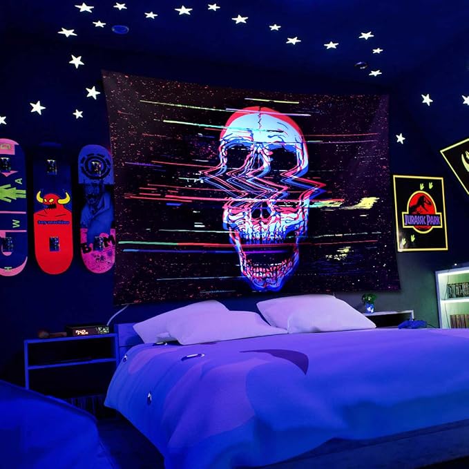 ADDWel Blacklight Skull Tapestry, Black Psychedelic Tapestry Glow In The Dark, UV Reactive Black Light Tapestries Posters Wall Hanging for Room Decor(50 * 60inches)-CasaMuseHome