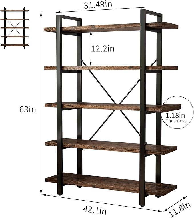 5-Tier Industrial Style Solid Wood Bookcase and Book Shelves,Rustic Wood and Metal Shelving Unit， Living Room,Modern Rustic Open Industrial Book Shelf Office,Distressed Brown (AY-02-5Tier)-CasaMuseHome