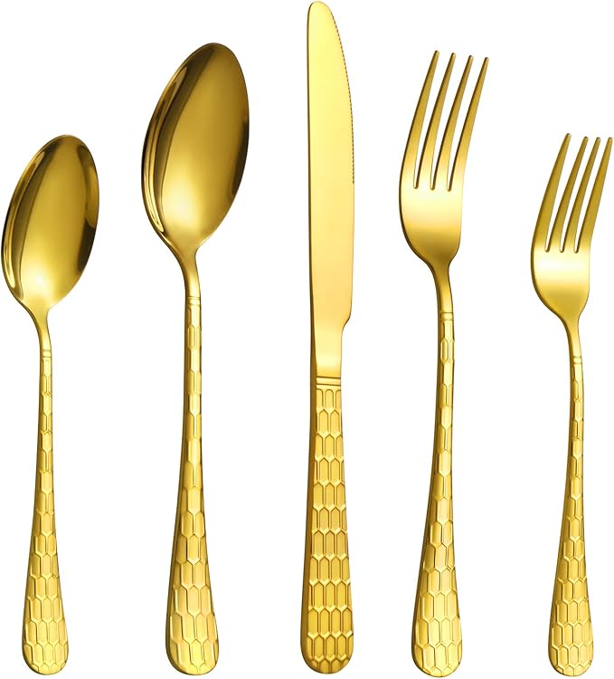 20 Pcs Gold Silverware Set for 4 with Water Cube Handle design, Food Grade Stainless Steel Flatware Set, Eating Utensils Sets Include Fork/Knife/Spoon, Reusable Cutlery Set, Dishwasher Safe-CasaMuseHome