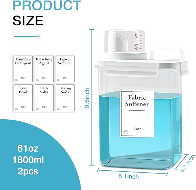 2 Pack Laundry Detergent Dispenser, 61oz Detergent Dispenser, Refluxable Laundry Detergent Container, Plastic Liquid Laundry Detergent Dispenser for Laundry Room Organization with 6 Labels-CasaMuseHome