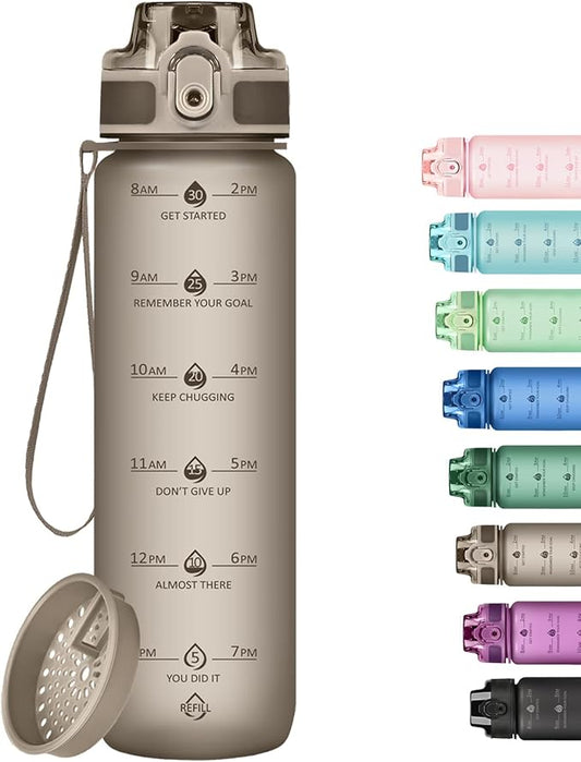 32oz Motivational Water Bottles with Time Marker & Fruit Strainer, Transparent Gradient Color Water Bottle with Times to Drink, Leakproof & BPA Free, Reusable Bottle with Strap (No Straw)-CasaMuseHome