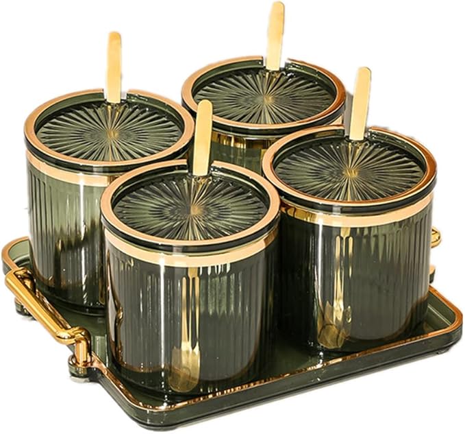 Acrylic Condiment Spice Jars,Condiment Spice Box With Lids and Spoons and Tray,Clear Plastic Condiment Canisters,Seasoning Box 4 Pack,Seasoning Box Set for Kitchen to Storage Salt,Paprika,Sugar-CasaMuseHome