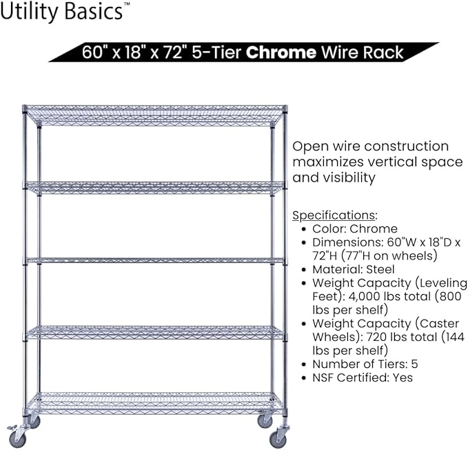 60"x18"x72" Chrome 5-Tier PREMIUM Wire Shelving NSF 4000 LBS MAX CAPACITY Heavy Duty Steel Storage Rack for Warehouses, Garages, Hospitals, Commercial Spaces, & Schools w/PREMIUM WHEELS-CasaMuseHome