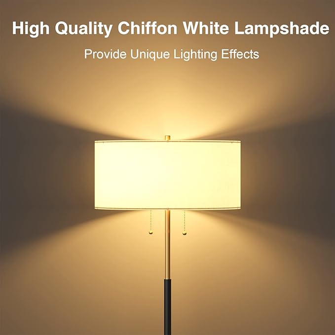 2-Light Floor Lamp, Mid Century Floor Lamp with White Fabric Shade, Standing Lamp Tall Lamp for Living Room Bedroom, 3 Color Temperatures 9W Bulb Include-CasaMuseHome