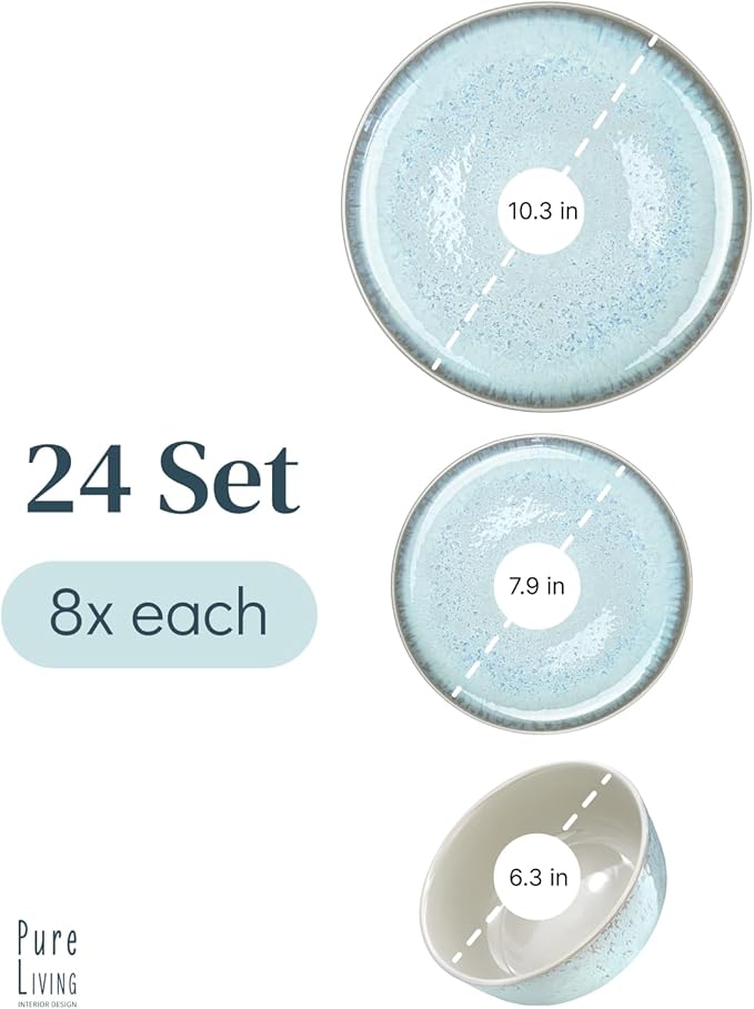 24 Piece Dinnerware Sets for 8 - Modern Style Stoneware Dinnerware Set - Microwave Safe Dinner Plates and Bowls Sets for 8, Ceramic Dish Set, Bowl and Plate Sets for 8, Beige Light Blue Set for 8…-CasaMuseHome