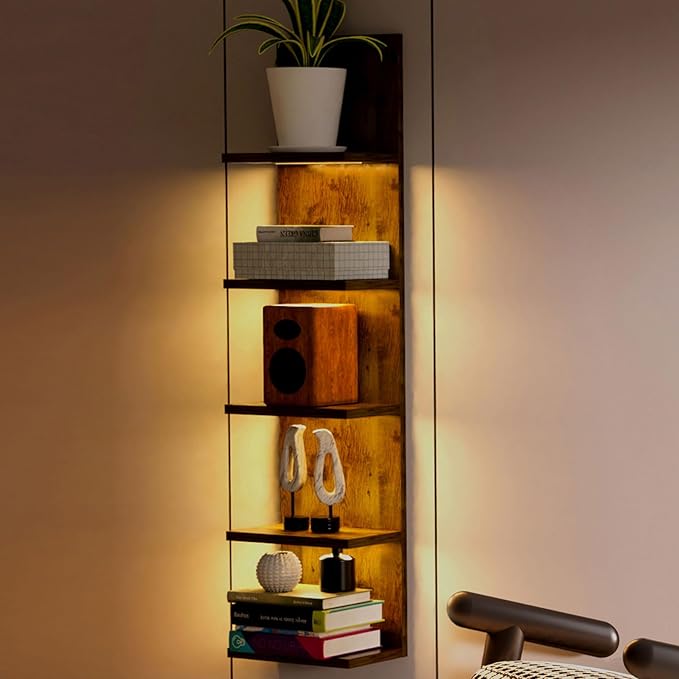 5 Tier Wall Shelf Unit, Modern Vertical Lack Wall Shelves with Light, Wall Mount, Floating Column Home Decor Shelves for Bedroom, Living Room, Vanity Storage Display(Dark Brown)-CasaMuseHome