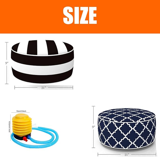 2 Pcs Outdoor Pouf, D21”x H9” Waterproof Outdoor Inflatable Ottoman with Foot Pump, Portable Patio Pouf for Garden Camping or Home Use-CasaMuseHome