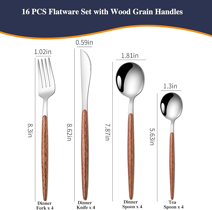 16 PCS Silverware Set for 4,Stainless Steel Flatware Cutlery Eating Utensils Set with Wood Grain Handle,Steak Knives Forks and Spoons for Home,Party,Mirror Polished and Dishwasher Safe-CasaMuseHome