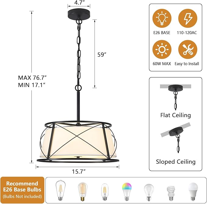 15.7" Black Drum Chandelier,3-Light Modern Farmhouse Chandelier,White Fabric Drum Shade Pendant Light Fixture for Dining Room Kitchen Island Bedroom Entryway-CasaMuseHome