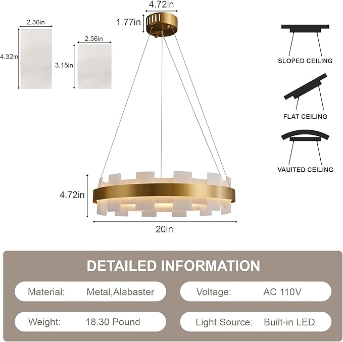 20" Natural Spanish Alabaster Round Chandelier, Adjustable Large Chandeliers for Living Room Over Table, Modern Luxury Alabaster Stone Chandelier for Drawing Room, Bedroom, Hallway, Foyer-CasaMuseHome