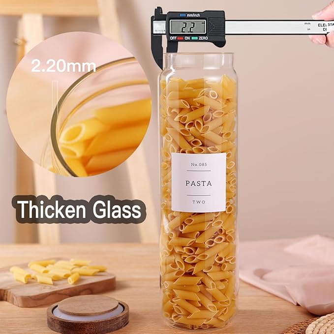 3 Set Glass Pantry Storage Jars with Acacia Airtight Lid - 50oz Thicken Glass Kitchen Canisters with 132 Pantry Labels - Tall Food Storage Containers with Wood Lid for Pasta,Spaghetti,Cereal-CasaMuseHome