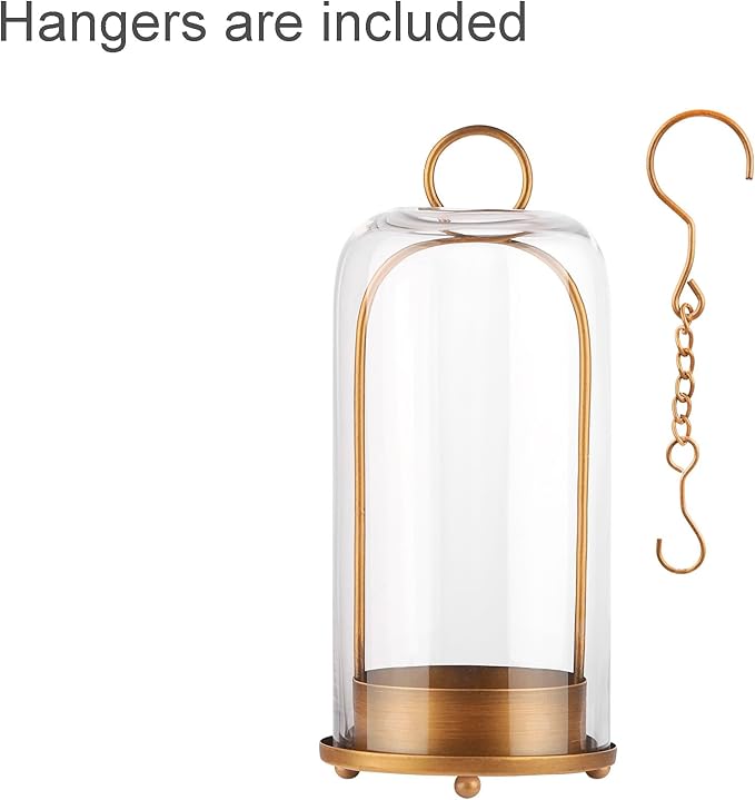 12" High Versatile Modern Metal Hurricane Lantern with Handmade Sturdy Glass Dome for 3" Pillar Candle & Plants (Brass, 5"x12")-CasaMuseHome