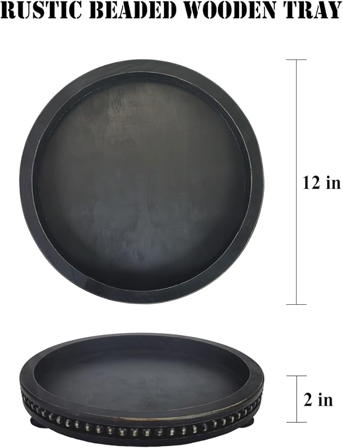 12 Inches Rustic Wooden Decorative Tray, Small Round Beaded Wood Tray for Kitchen Dinning Table Centerpiece Decor Entryway Living Room Home Decor, Black-CasaMuseHome