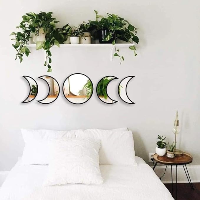 5 pcs Scandinavian Natural Decor Acrylic Moonphase Mirrors Interior Design Wooden Moon Phase Mirror Bohemian Wall Decoration for Home Living Room Bedroom Decor - No Need to Punch (Black)-CasaMuseHome