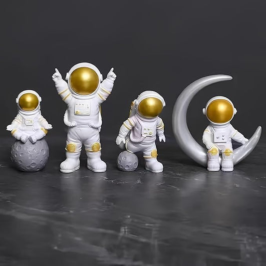 4 Pcs Gold White Astronaut Statues Set, Spaceman Sculpture Figurines Home Ornament Cake Toppers Gift-CasaMuseHome