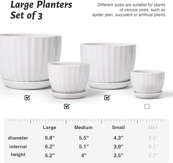 4/5/6 Inches Ceramic Plant Pots with Drainage Holes and Saucers, Round Flower Pots for Indoor Plant, Modern Flower Planters Set of 3 (White-Big Size)-CasaMuseHome
