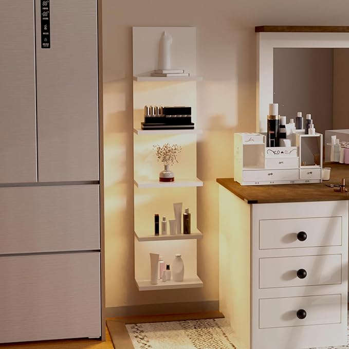 5 Tier Wall Shelf with Light, White Modern Vertical Lack Wall Shelves, Wall Mount, Floating Column Home Decor Shelves for Bedroom, Living Room, Vanity Storage Display-CasaMuseHome