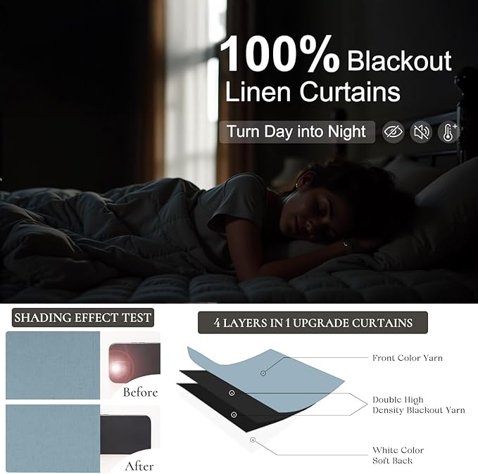 100% Blackout Curtains 90 Inches Long for Living Room 2 Panels Set Light Blocking Heat Darkening Energy Saving Curtain Window Coverings Coastal Beach Linen Farmhouse Drapes Bedroom Stone Blue Chambray-CasaMuseHome