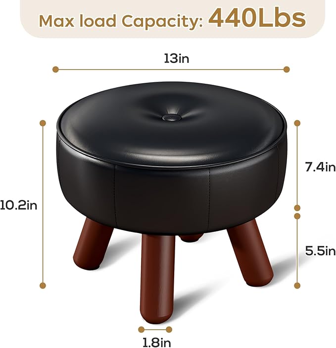 13in Small Foot Stool Ottoman, Round Faux Leather Foot Rest, Footstool Ottomans with Rubber Legs Under Desk, Footrest for Couch, Living Room, Bedroom, Office, 13''L x 13''W x 10.2''H, Black-CasaMuseHome