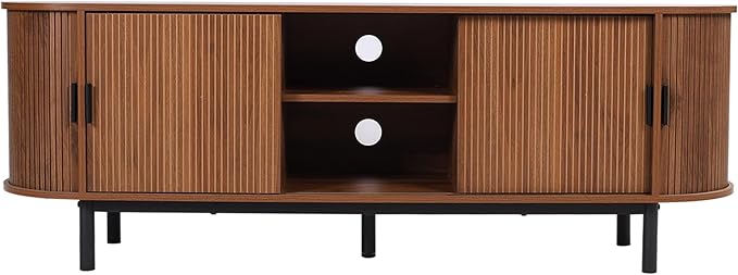 62" Tambour Door TV Stand,Wood Mid Century Modern TV Cabinet for Up to 70“ TV,Curved Edge Long TV Stand with Storage for Bedroom Living Room(Walnut, 62.2inch)-CasaMuseHome