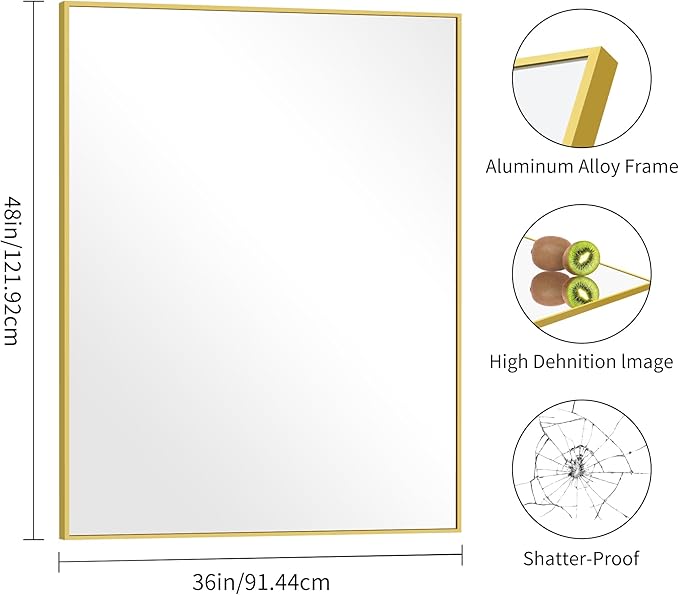 36x48inch Bathroom Mirror, Gold Rectangle Mirror with Thin Metal Frame, Large Rectangular Wall Mirrors for Bathroom, Living Room, Hair Salon, Big Farmhouse Mirror Hang Horizontal/Vertical-CasaMuseHome