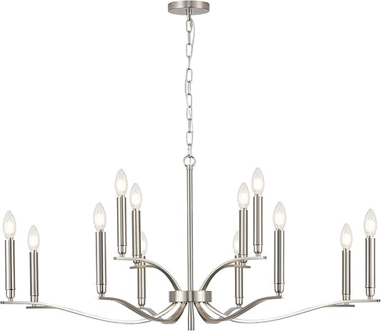 12 Light Nickel Living Room Chandelier High Ceiling Foyer Candle Chandelier Large Modern 44in Metal Chandeliers Hanging Light for Master Bedroom Dining Room Light Fixture Over Table-CasaMuseHome