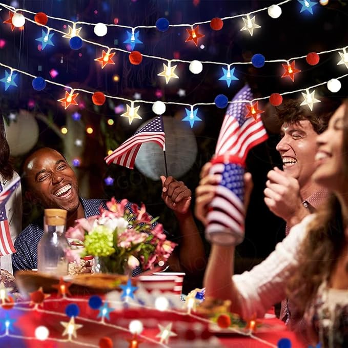 4th of July Decorations 9.85FT Red White and Blue Star String Lights Pom Pom Star Lights Battery Operated with Timer Fairy Lights for Independence Day Memorial Patriotic Fourth of July Decor for Home-CasaMuseHome