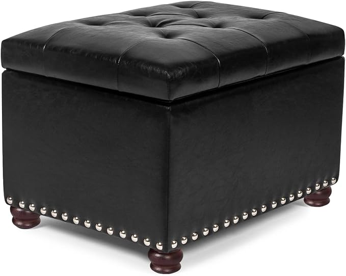 24'' Leather Storage Ottoman Rectangular Foot Rest Stool with Nailhead Trim Toy Chests & Storage Room Organizer for Bedroom Living Room(Black)-CasaMuseHome