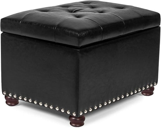 24'' Leather Storage Ottoman Rectangular Foot Rest Stool with Nailhead Trim Toy Chests & Storage Room Organizer for Bedroom Living Room(Black)-CasaMuseHome